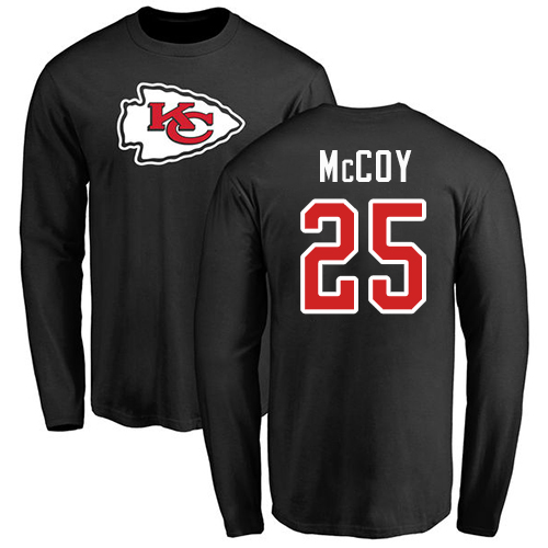 Men Kansas City Chiefs #25 McCoy LeSean Black Name and Number Logo Long Sleeve T-Shirt